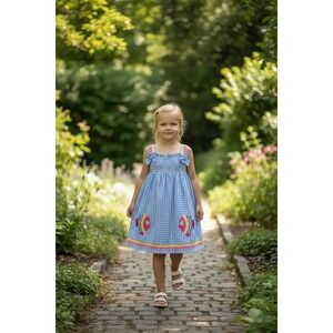 Samara Blue & White Gingham Smocked Sundress Girls SZ‎ 4T Fish Bows Cottagecore